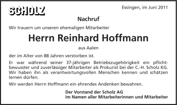 Traueranzeige von Reinhard Hoffmann von Schwäbische Post