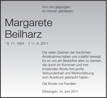 Traueranzeige von Margarete Beilharz von Schwäbische Post