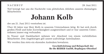 Traueranzeige von Johann Kolb von Schwäbische Post