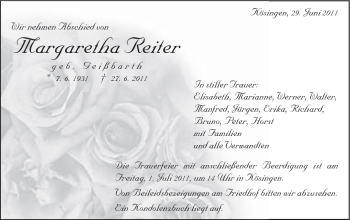 Traueranzeige von Margaretha Reiter von Schwäbische Post