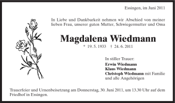 Traueranzeige von Magdalena Wiedmann von Schwäbische Post