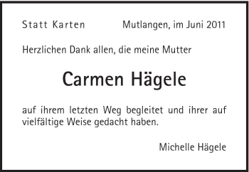Traueranzeige von Carmen Hägele von Gmünder Tagespost