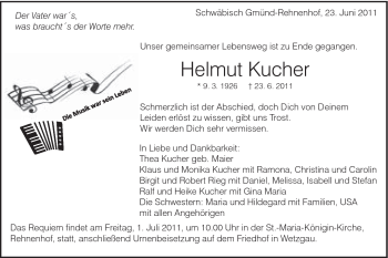 Traueranzeige von Helmut Kucher von Gmünder Tagespost