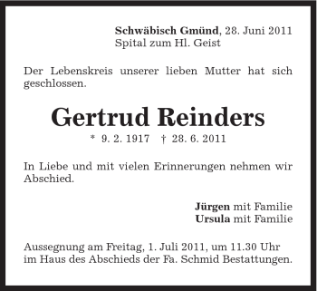Traueranzeige von Gertrud Reinders von Gmünder Tagespost