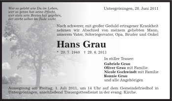 Traueranzeige von Hans Grau von Gmünder Tagespost