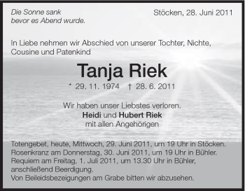 Traueranzeige von Tanja Riek von Schwäbische Post