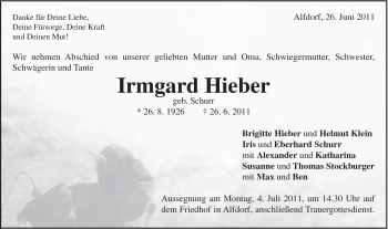 Traueranzeige von Irmgard Hieber von Gmünder Tagespost