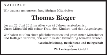 Traueranzeige von Thomas Rieger von Gmünder Tagespost