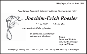 Traueranzeige von Joachim-Erich Roesler von Gmünder Tagespost