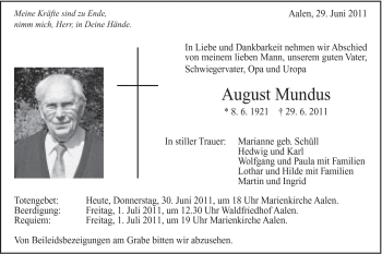 Traueranzeige von August Mundus von Schwäbische Post