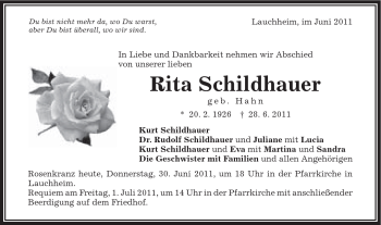 Traueranzeige von Rita Schildhauer von Schwäbische Post