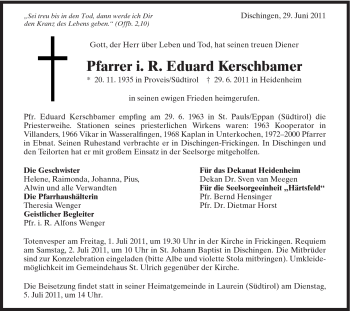 Traueranzeige von Eduard Kerschbamer von Schwäbische Post