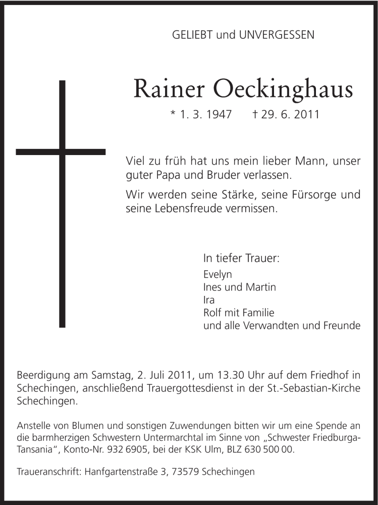  Traueranzeige für Rainer Oeckinghaus vom 30.06.2011 aus Gmünder Tagespost