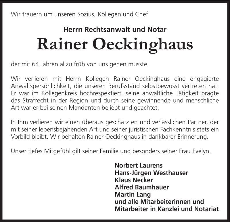  Traueranzeige für Rainer Oeckinghaus vom 30.06.2011 aus Gmünder Tagespost