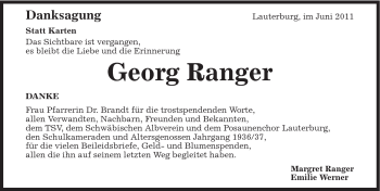 Traueranzeige von Georg Ranger von 020