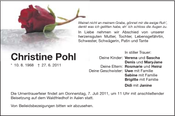 Traueranzeige von Christine Pohl von Schwäbische Post