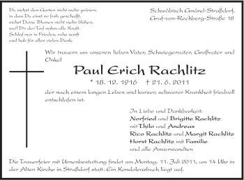 Traueranzeige von Paul Erich Rachlitz von Gmünder Tagespost
