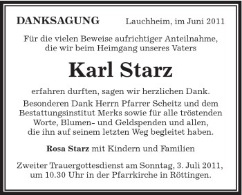 Traueranzeige von Karl Starz von Schwäbische Post