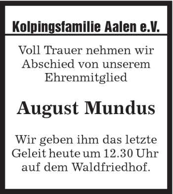 Traueranzeige von August Mundus von Schwäbische Post