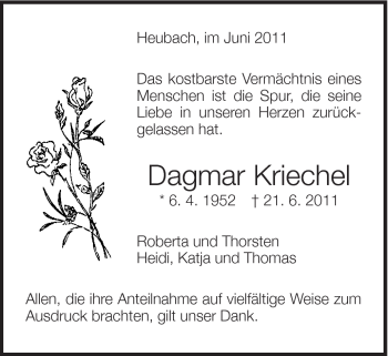 Traueranzeige von Dagmar Kriechel von Gmünder Tagespost