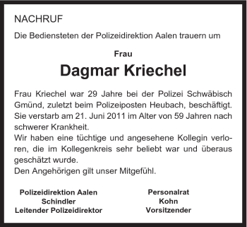 Traueranzeige von Dagmar Kriechel von Gmünder Tagespost