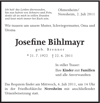 Traueranzeige von Josefine Bihlmayr von Schwäbische Post