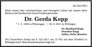 Traueranzeige von Gerda Kopp von Gmünder Tagespost