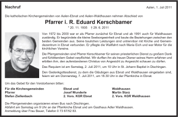 Traueranzeige von Eduard Kerschbamer von Schwäbische Post