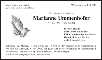 Traueranzeige von Marianne Ummenhofer von Gmünder Tagespost