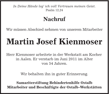Traueranzeige von Martin Josef Kienmoser von Schwäbische Post