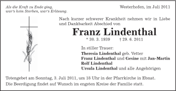 Traueranzeige von Franz Lindenthal von Schwäbische Post