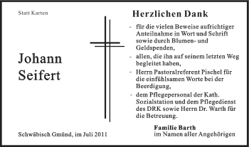 Traueranzeige von Johann Seifert von Gmünder Tagespost