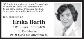 Traueranzeige von Erika Barth von Schwäbische Post