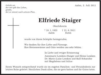 Traueranzeige von Elfriede Staiger von Schwäbische Post