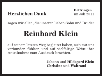 Traueranzeige von Reinhard Klein von Gmünder Tagespost