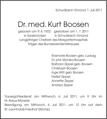 Traueranzeige von Kurt Boosen von Gmünder Tagespost