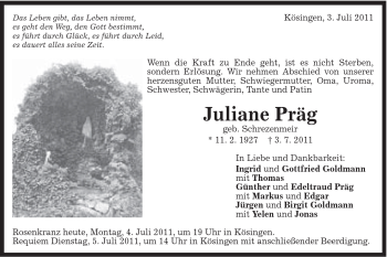 Traueranzeige von Juliane Präg von Schwäbische Post