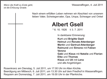 Traueranzeige von Albert Gsell von Schwäbische Post