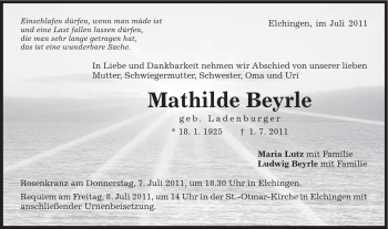 Traueranzeige von Mathilde Beyrle von Schwäbische Post