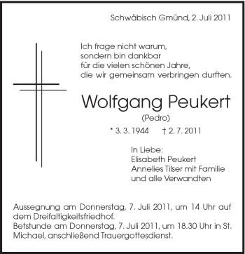 Traueranzeige von Wolfgang Peukert von Gmünder Tagespost