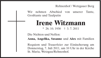 Traueranzeige von Irene Witzmann von Gmünder Tagespost
