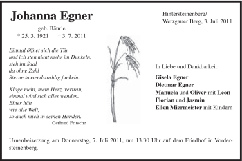 Traueranzeige von Johanna Egner von Gmünder Tagespost