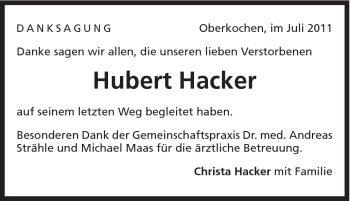 Traueranzeige von Hubert Hacker von Schwäbische Post