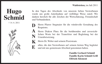 Traueranzeige von Hugo Schmid von Gmünder Tagespost
