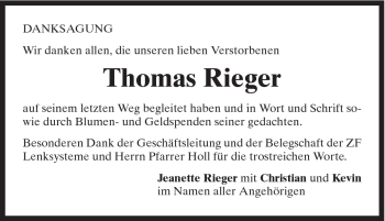 Traueranzeige von Thomas Rieger von Gmünder Tagespost