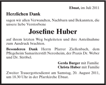 Traueranzeige von Josefine Huber von Schwäbische Post