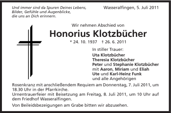 Traueranzeige von Honorius Klotzbücher von Schwäbische Post