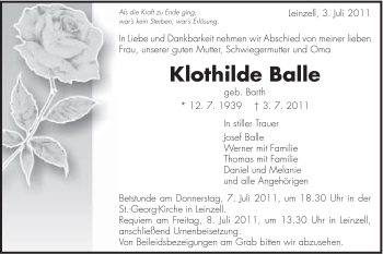 Traueranzeige von Klothilde Balle von Gmünder Tagespost