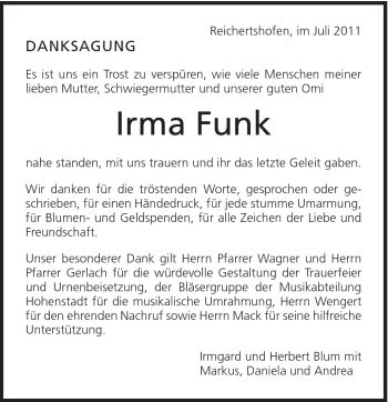 Traueranzeige von Irma Funk von Schwäbische Post