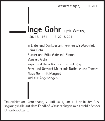 Traueranzeige von Inge Gohr von Schwäbische Post